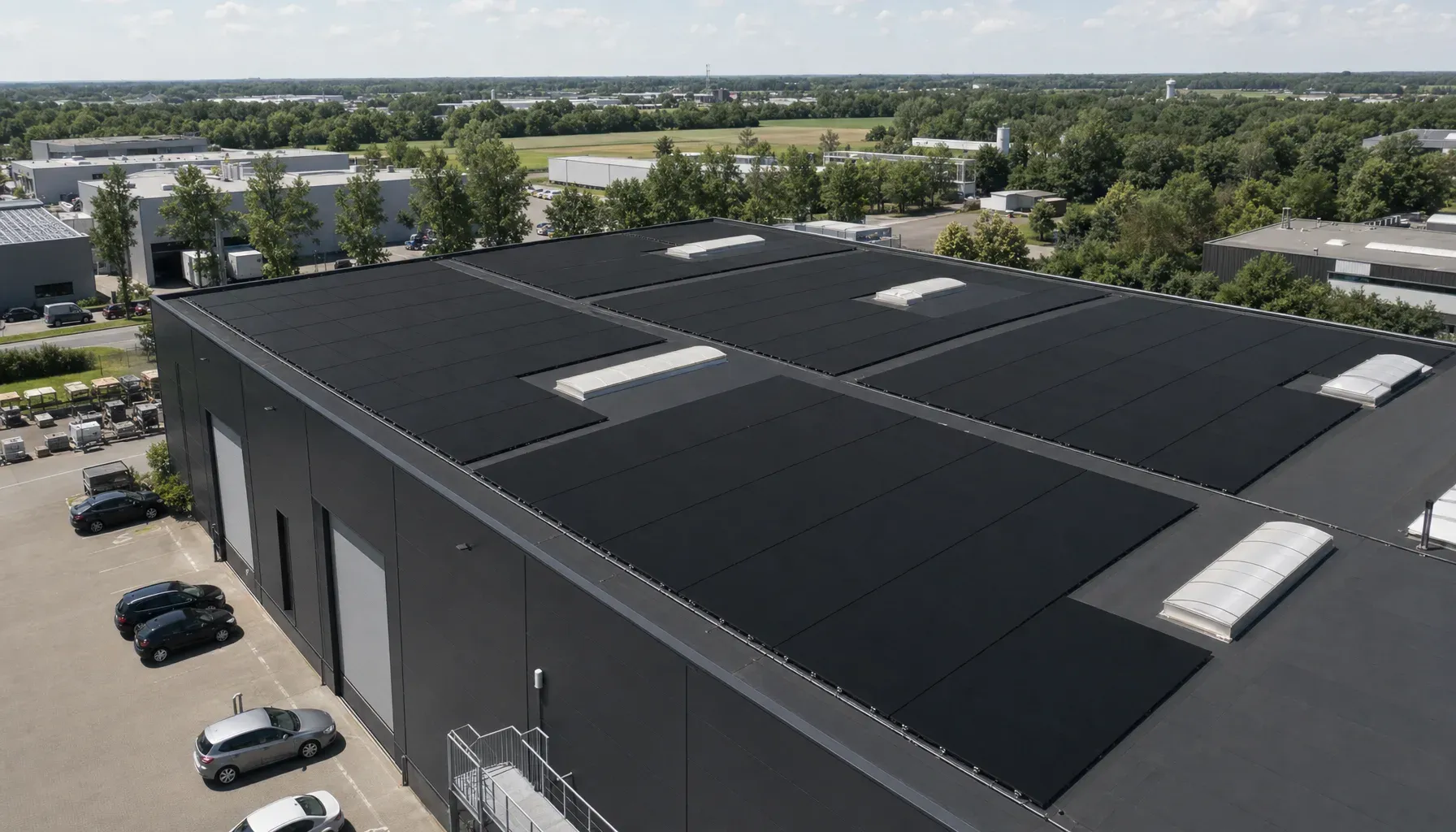 Gewerbehalle mit Full-Black-Photovoltaikmodulen auf dem Flachdach bei Tageslicht, aus der Vogelperspektive