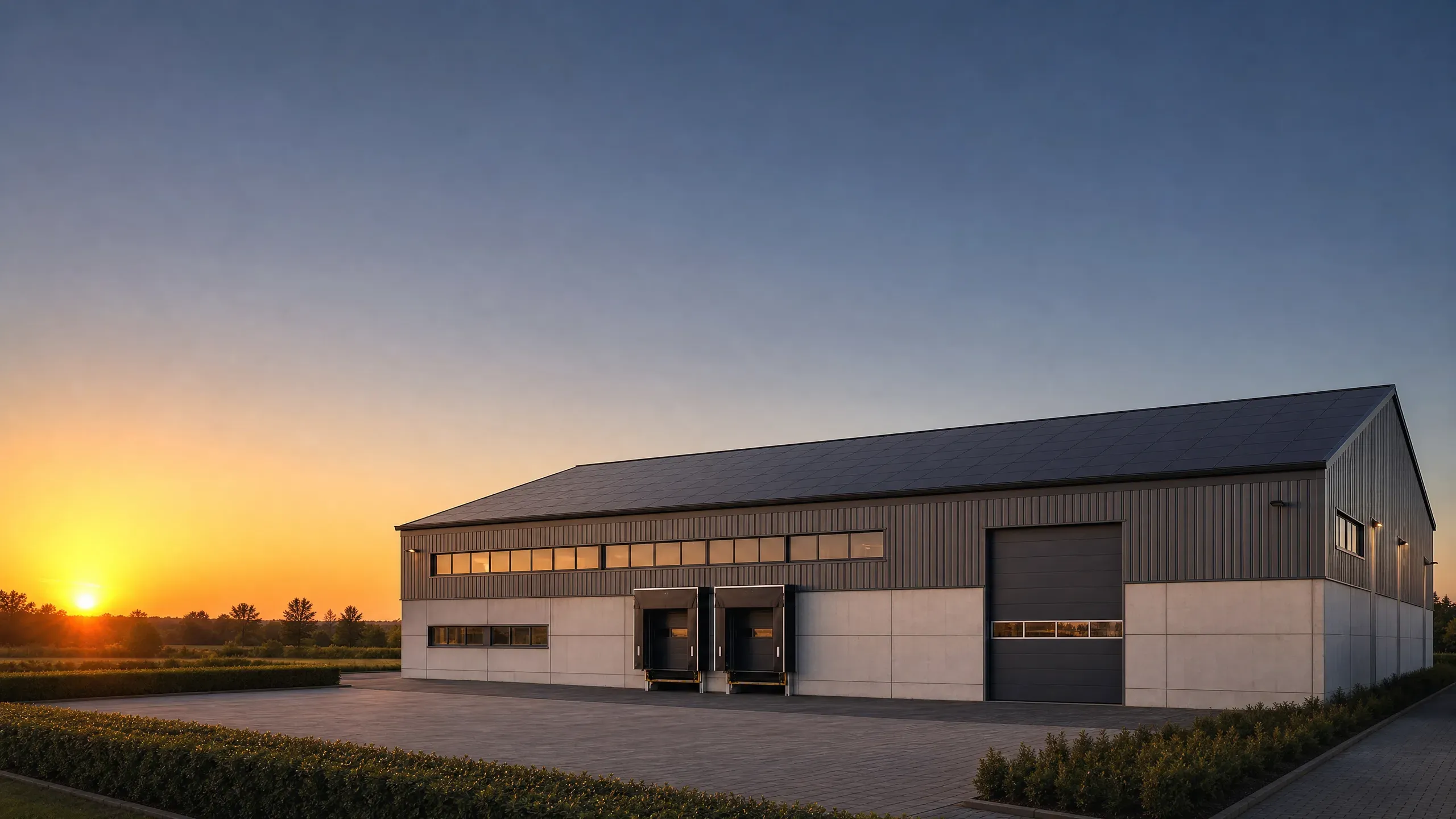 Gewerbehalle mit Photovoltaik-Anlage auf dem Flachdach in der Abenddämmerung