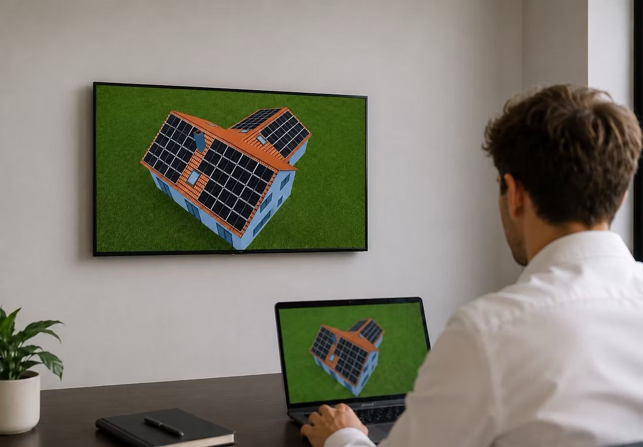 EVERSUN-Planung: 3D-Visualisierung einer Photovoltaik-Anlage im Beratungsgespräch